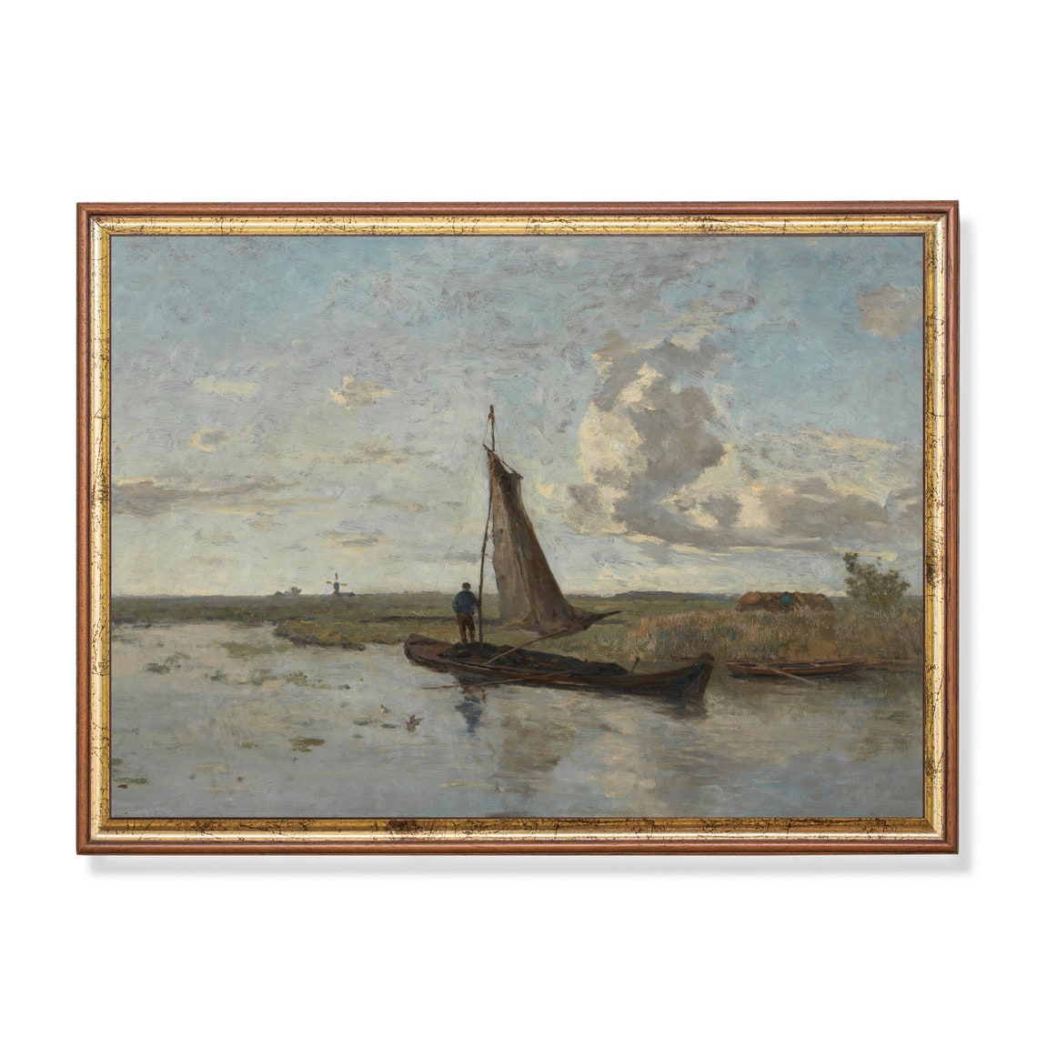 Sailing Boat Drifting on a Calm River with a Distant Windmill Poster