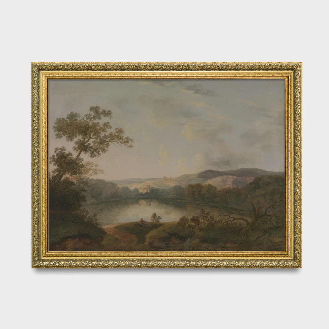 Tranquil Lake with Distant Mountains and Figures on the Shore Poster - Image 3
