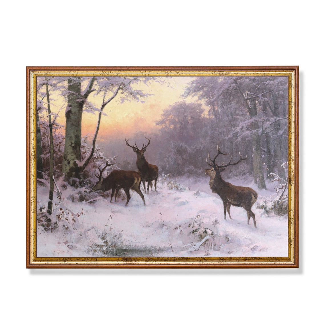 Three Stags in Snowy Forest at Dusk Vintage Winter Wildlife Poster