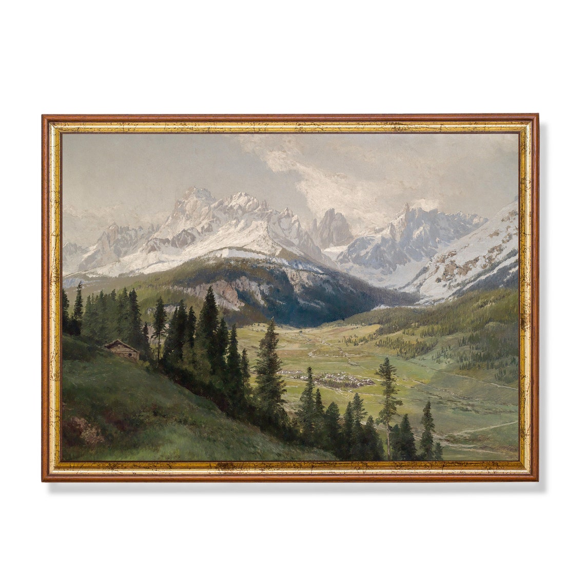 Snow-Capped Alpine Valley with Pine Forests Vintage View Poster