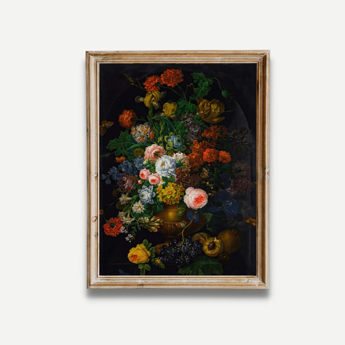 Colorful Bouquet in a Brass Vase With Grapes Dark Floral Poster