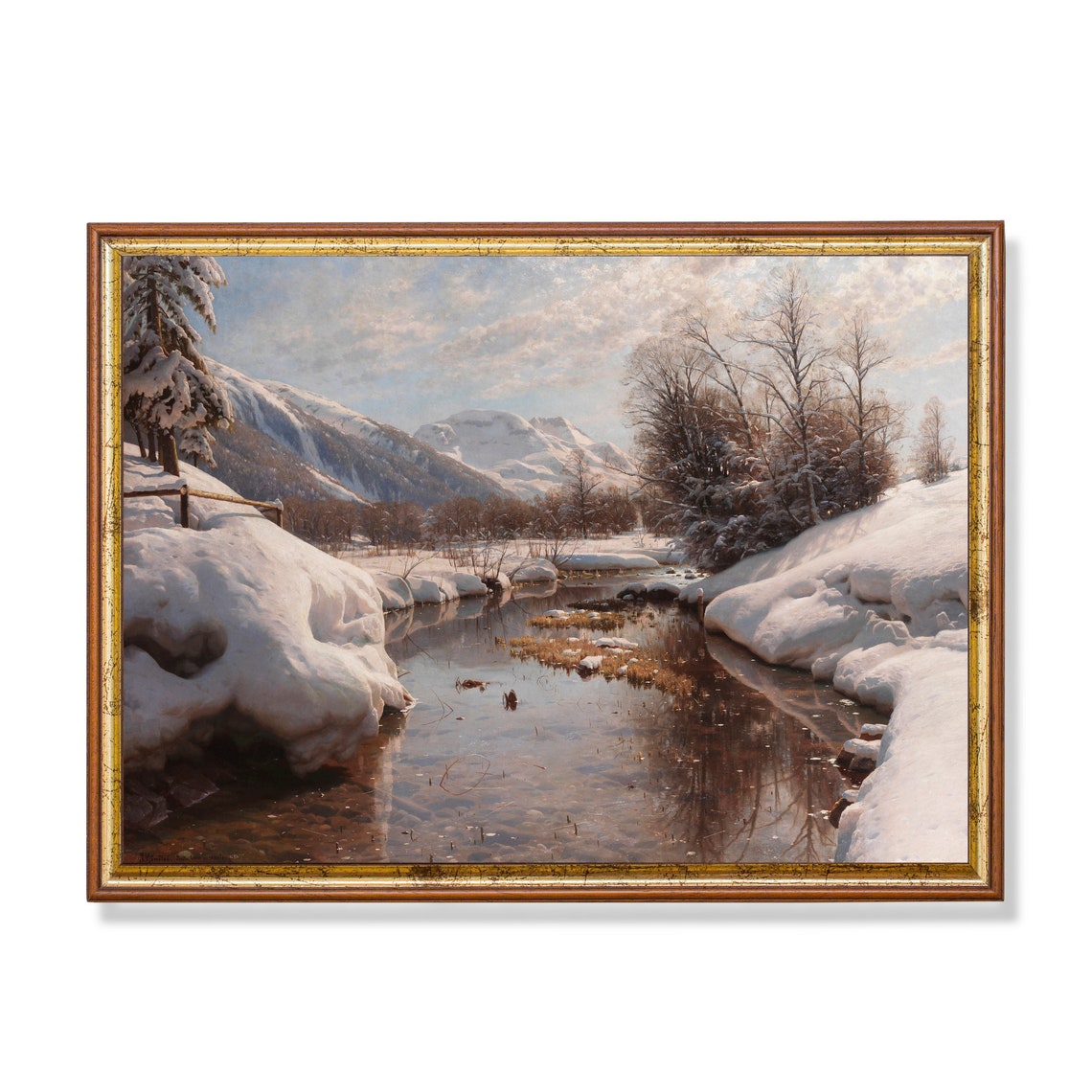 Winter Mountain Stream Between Snow Banks Vintage Scenic Art Poster