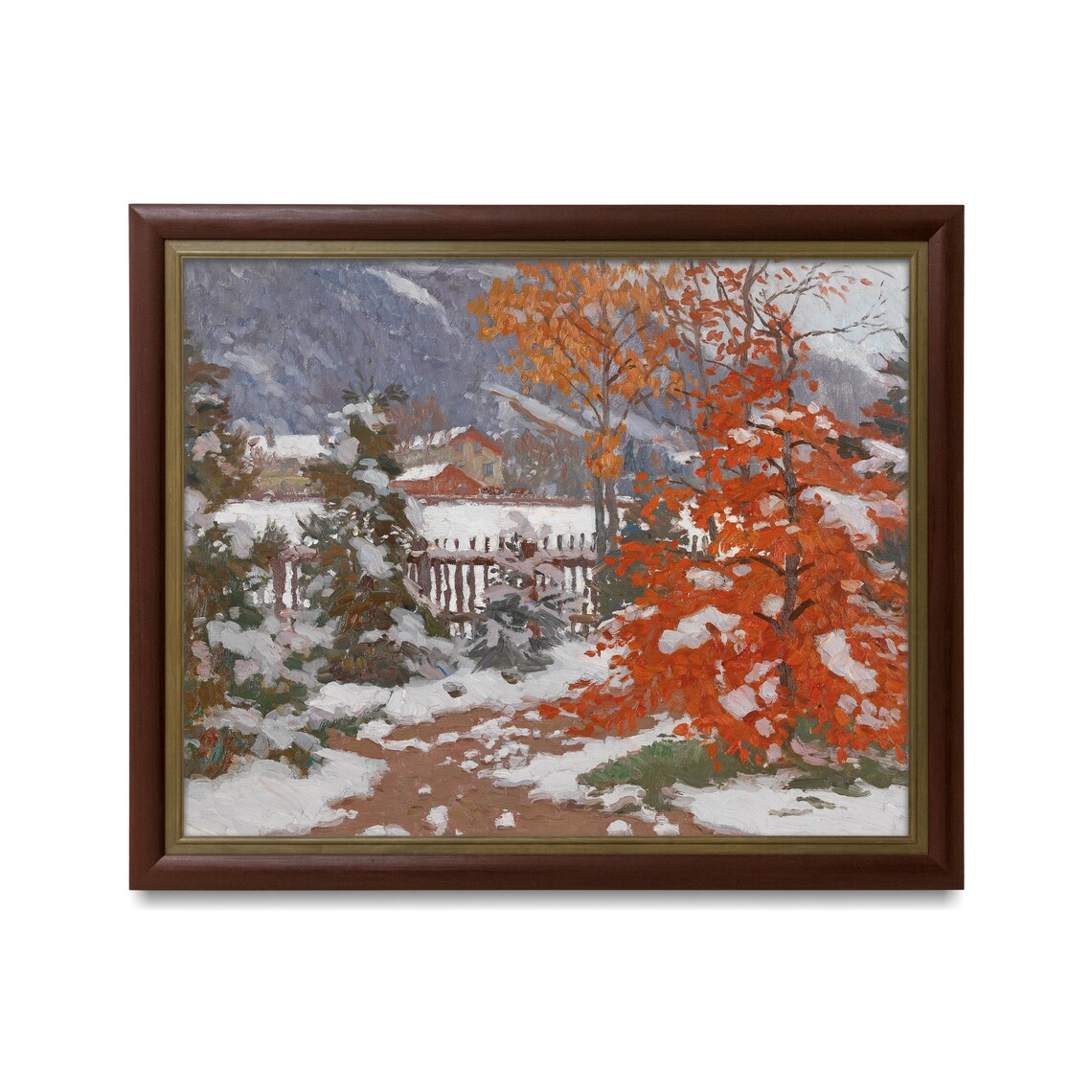 Orange Autumn Trees in Snowy Garden Vintage Winter Painting Art Poster - Image 3