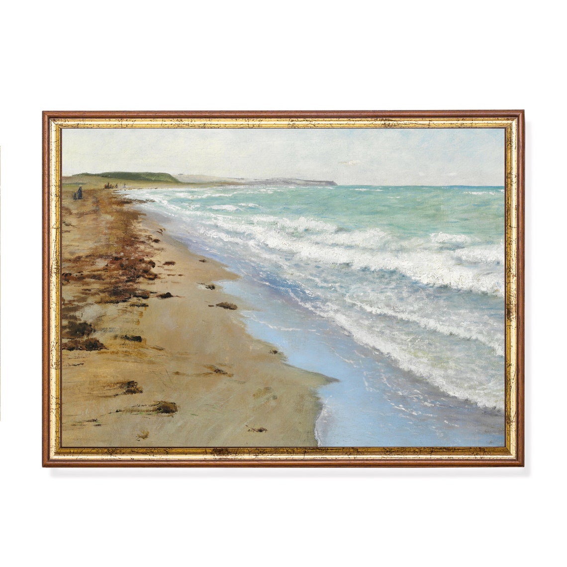Turquoise Waves on Quiet Sandy Beach Distant Headland Seascape Poster