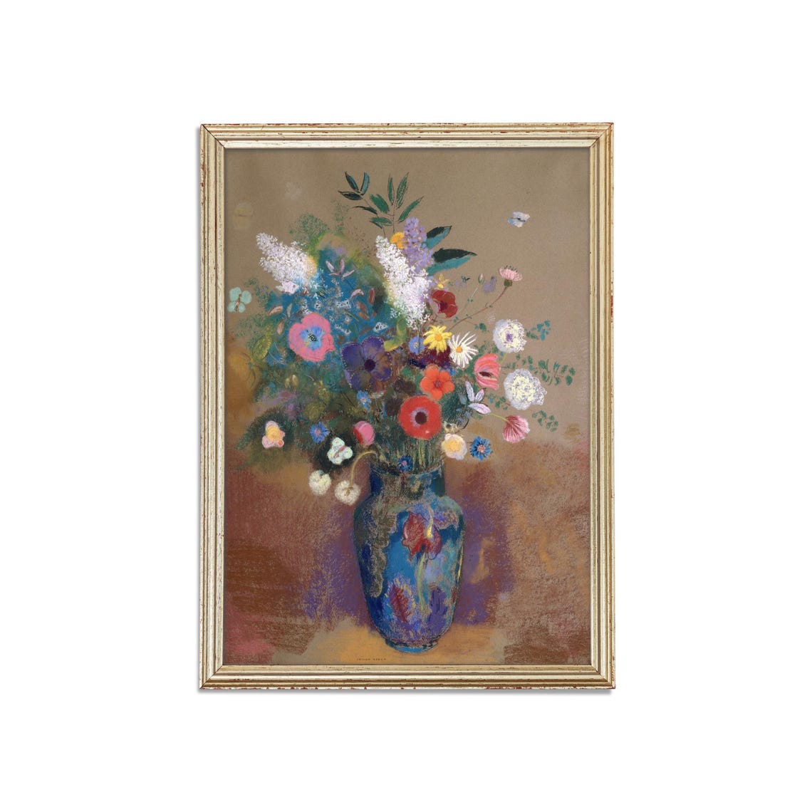 Odilon Redon Style Bouquet In A Blue Vase Vintage Floral Poster - Image 3