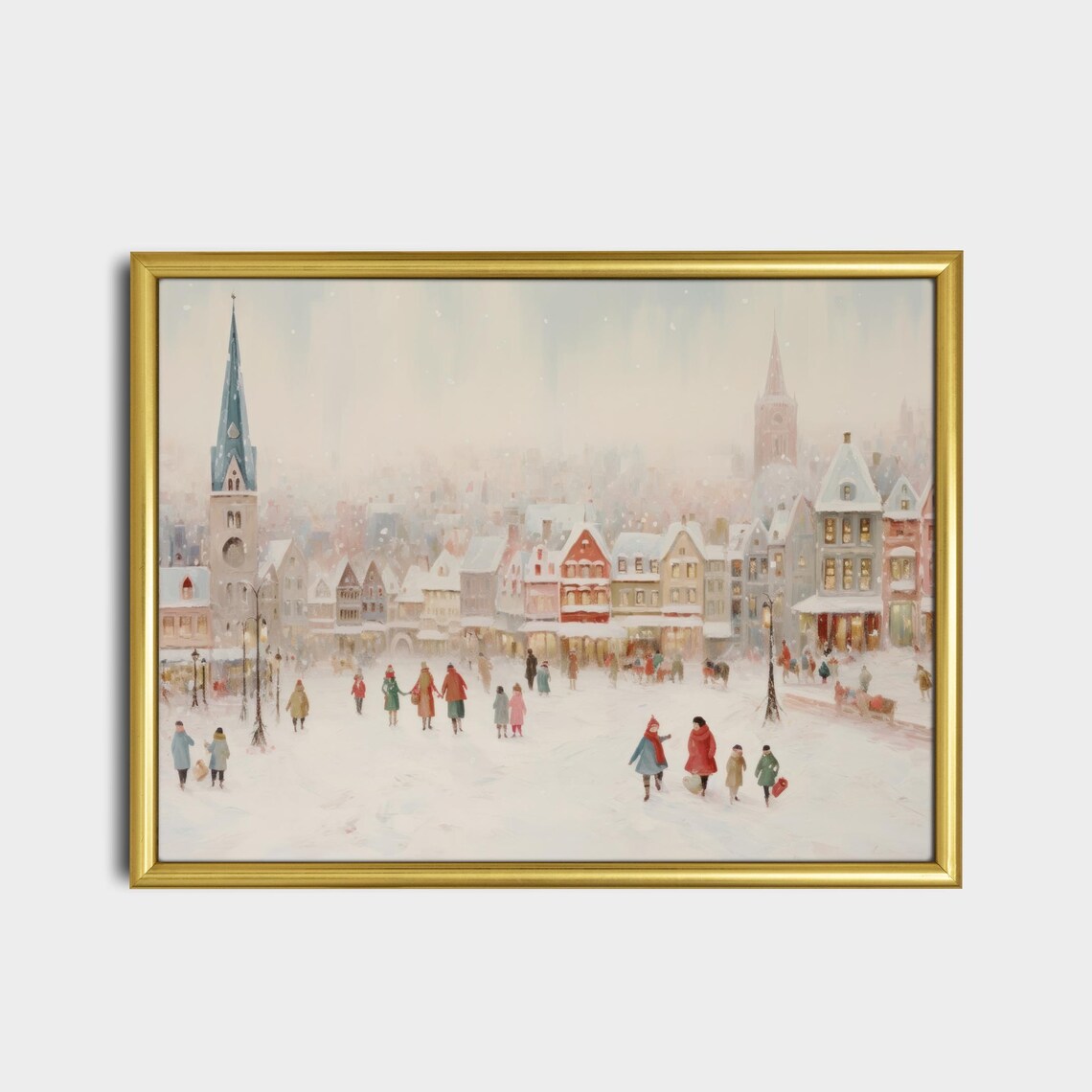 Snowy Old European Town Square with Church Winter Holiday Poster - Image 2