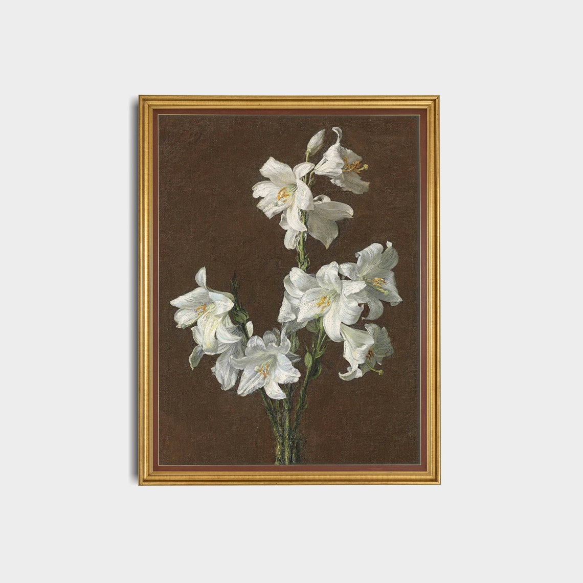 White Lilies on a Brown Ground Vintage Botanical Still Life Poster - Image 3