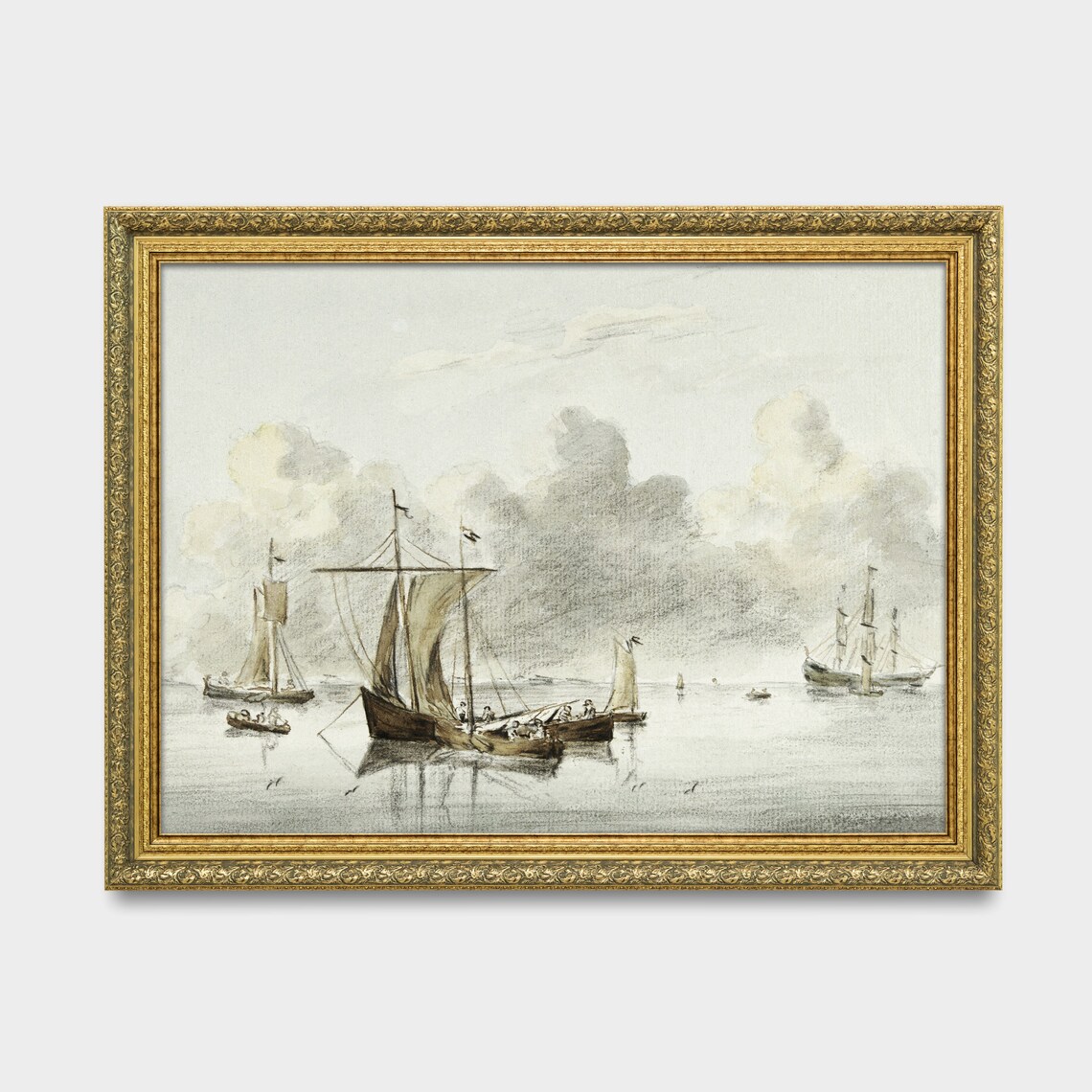 Sepia Sailing Ships on Calm Water Vintage Nautical Sketch Wall Art - Image 2