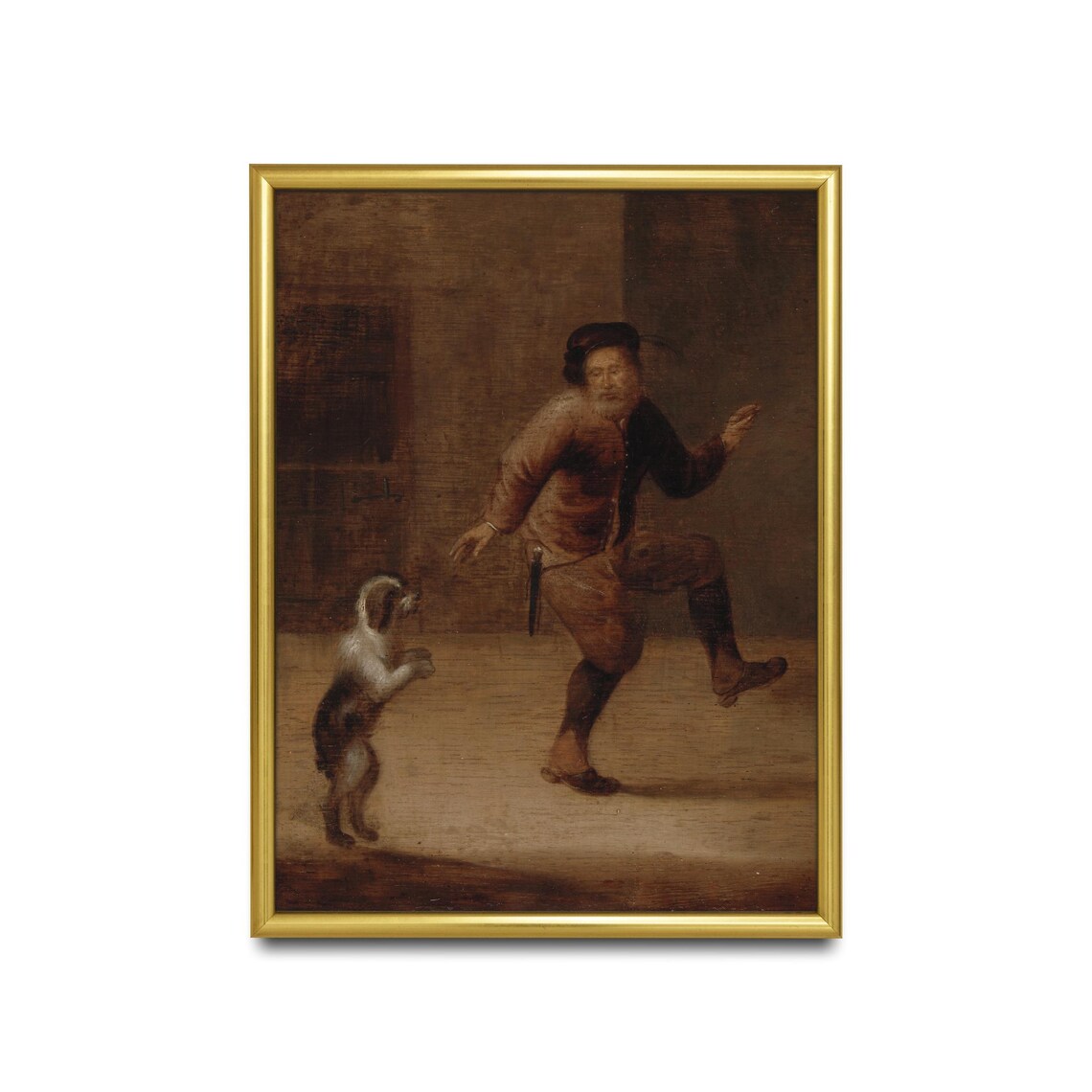 Old Master Man Dancing With Small Dog Dark Moody Genre Art Poster - Image 2