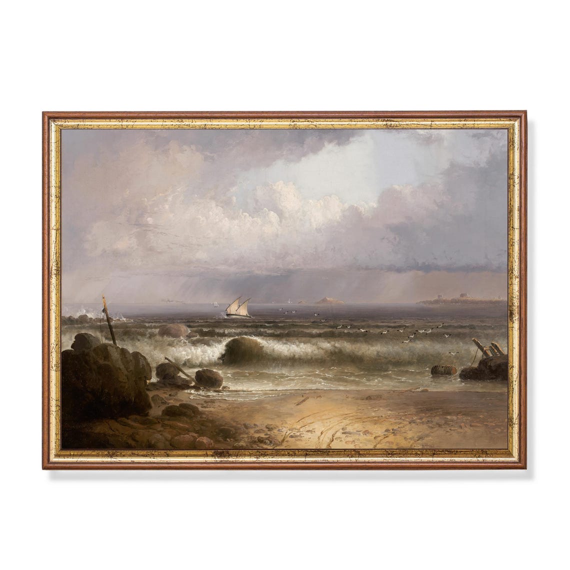 Waves Breaking on a Rocky Shore Beneath a Distant Sail Poster