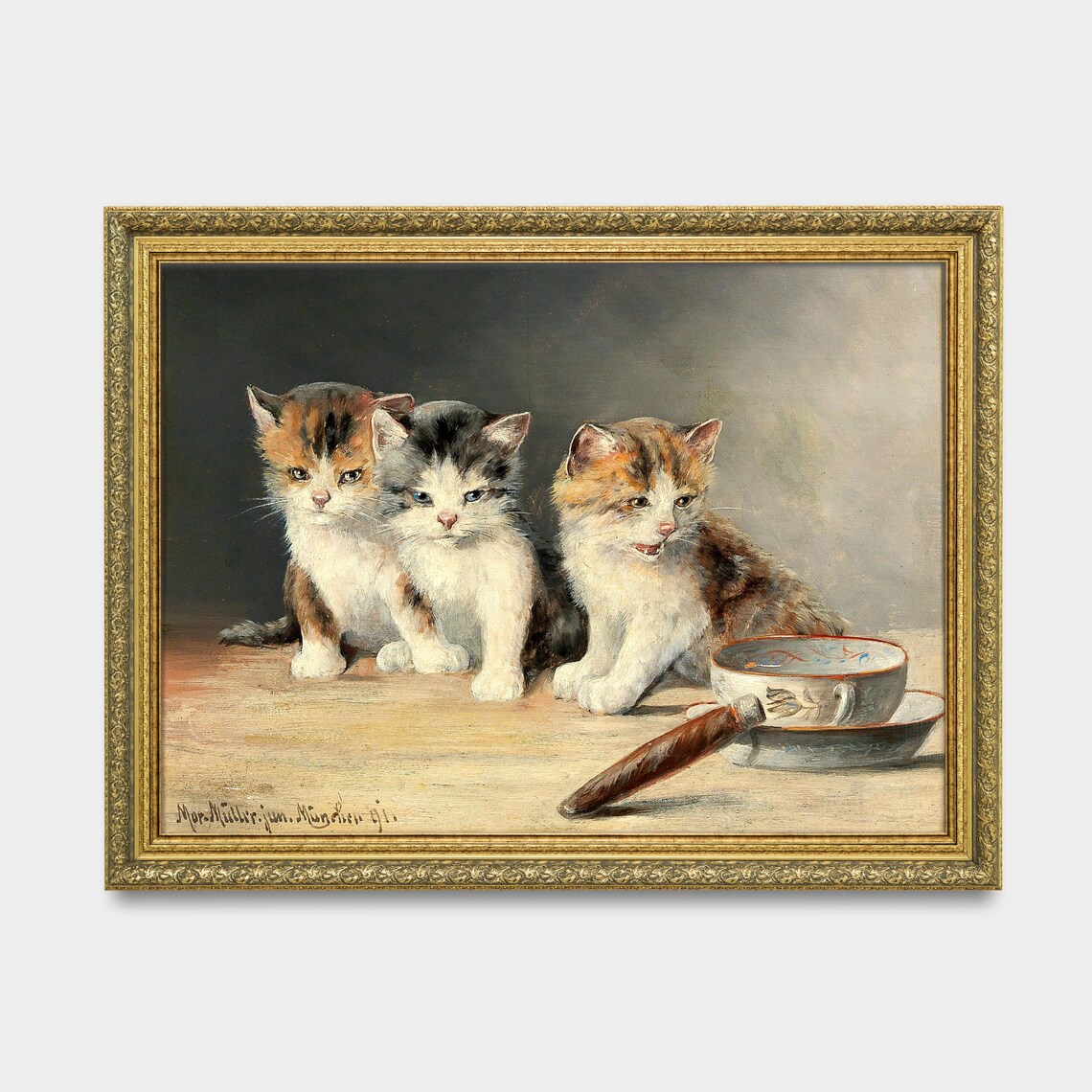 Three Kittens by Teacup Vintage Victorian Cat Painting Art Poster - Image 3