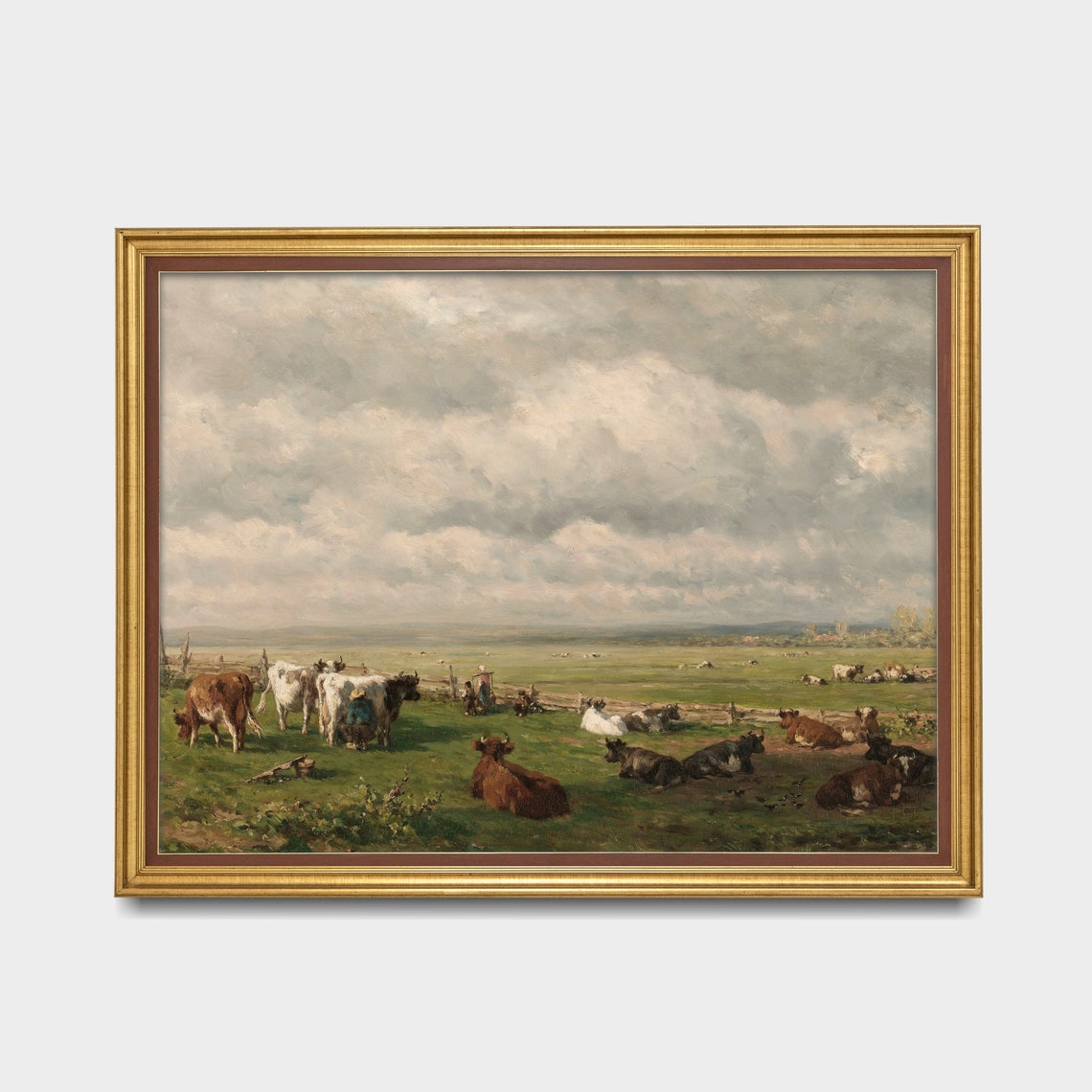 Dairy Cows in a Green Pasture Antique Landscape Painting Poster - Image 3