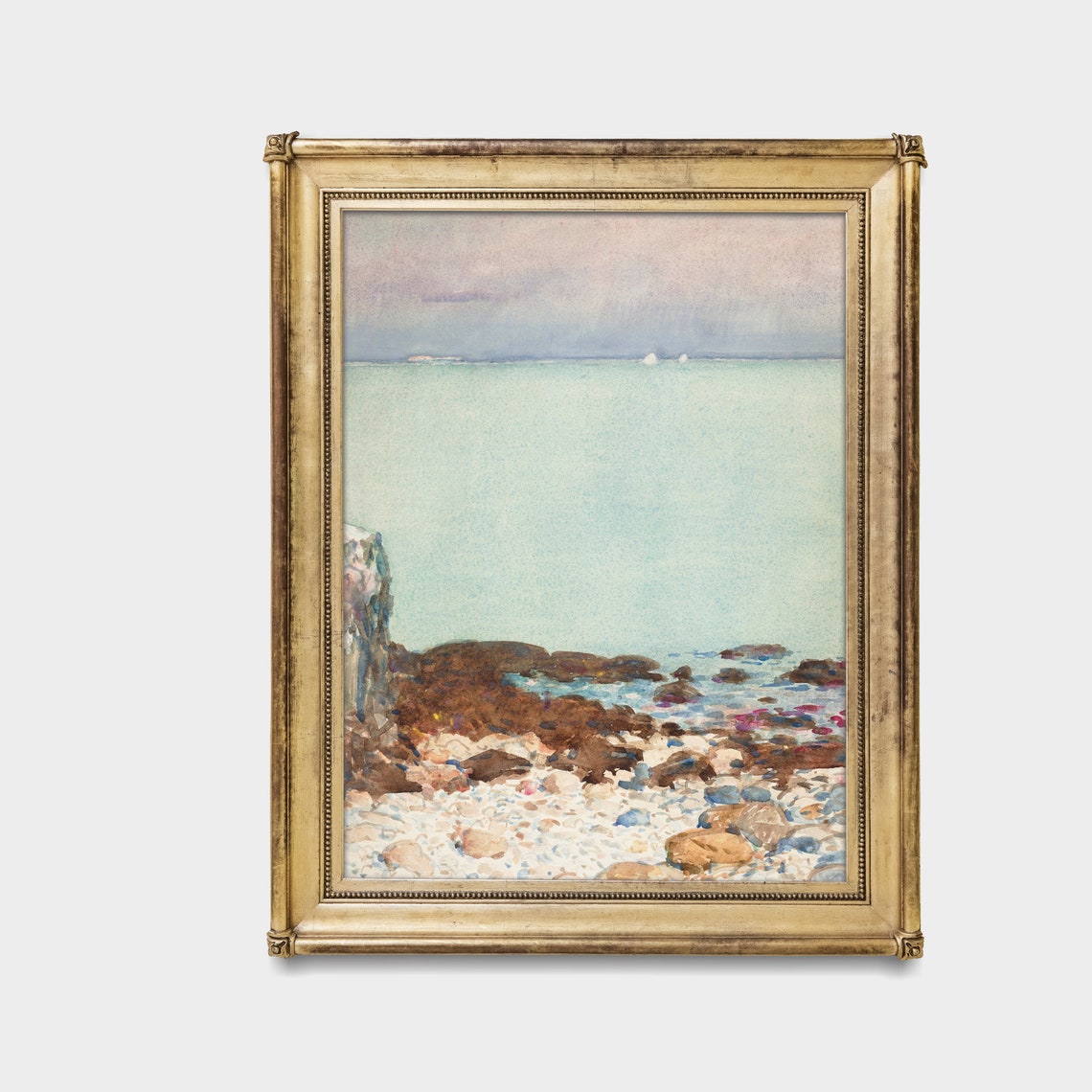 Rocky Shoreline with Pale Sea and Distant Ships Watercolor Poster - Image 3