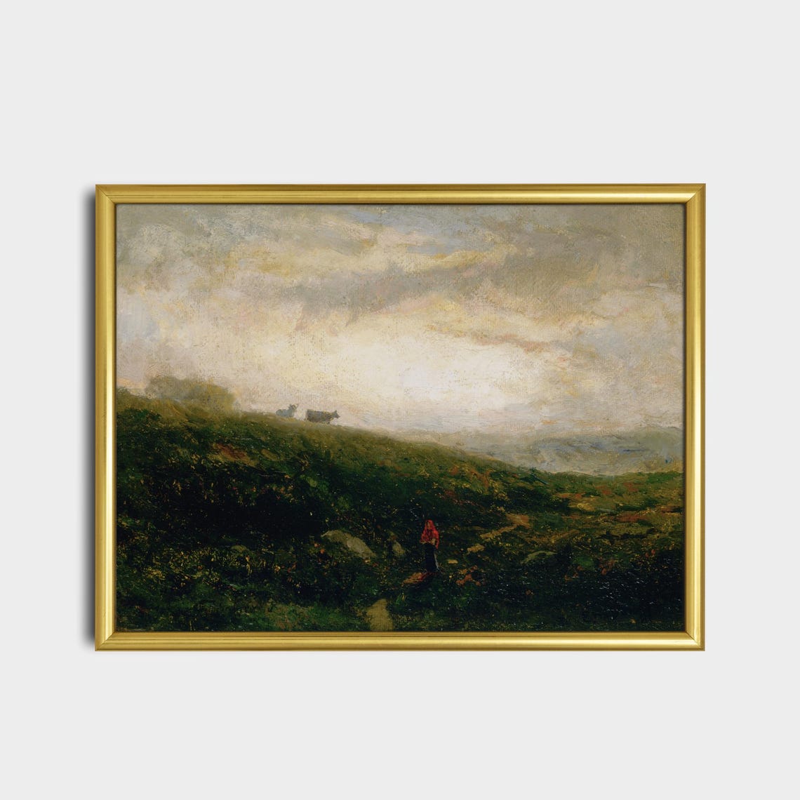 Misty Morning Cattle Grazing on Green Hills Antique Landscape Poster - Image 2