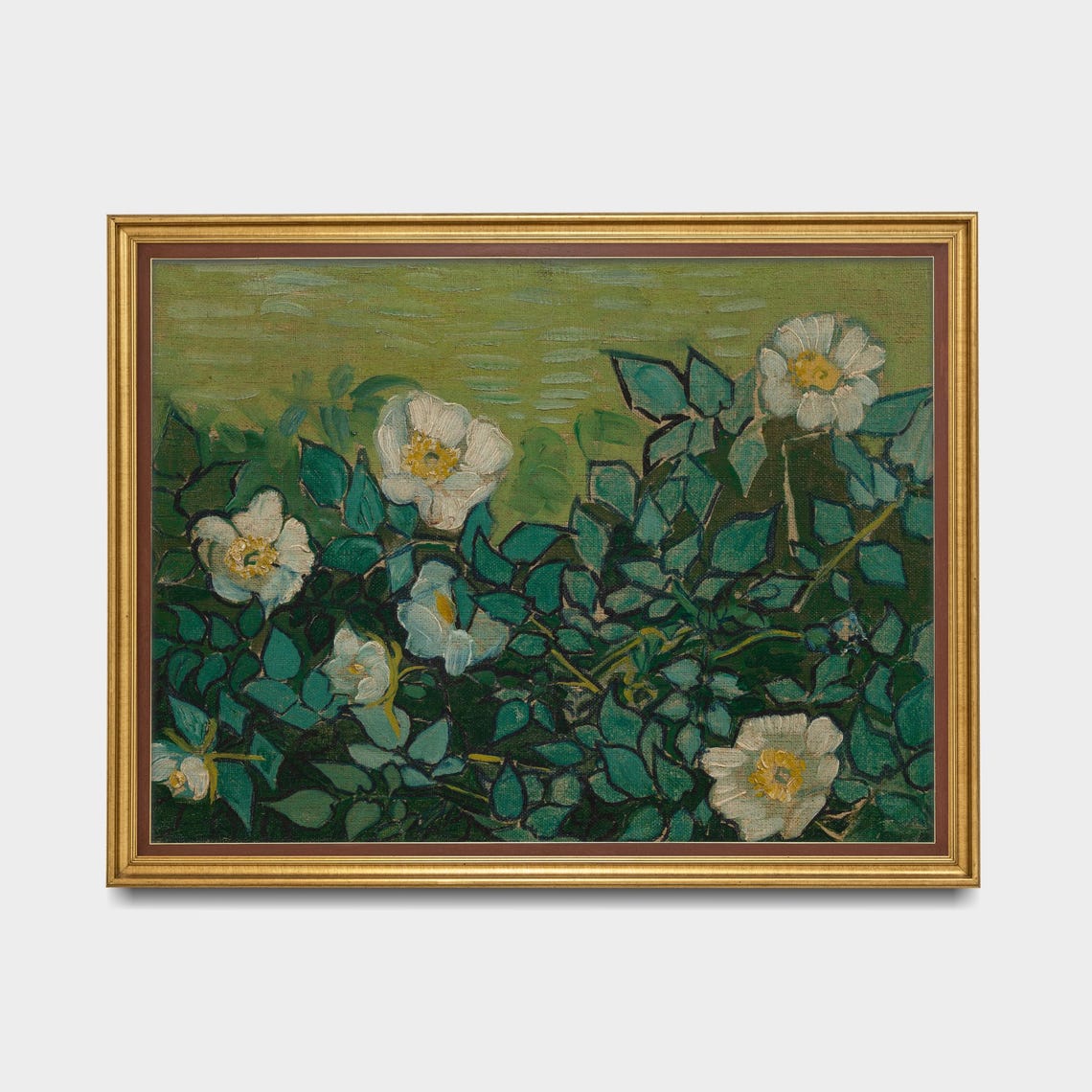 White Wild Roses Green Leaves Impressionist Floral Art Poster - Image 5