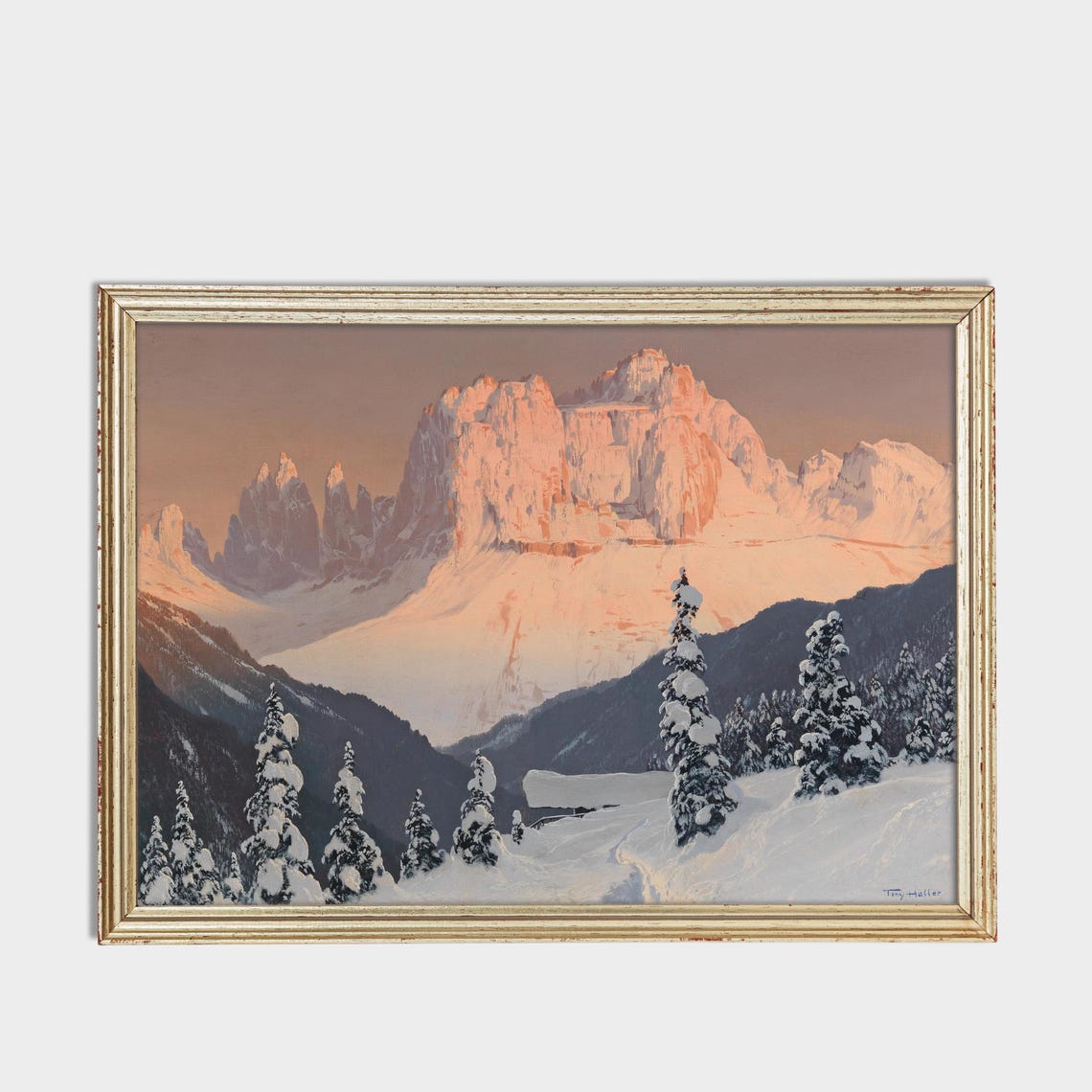 Pink Sunset Over Snowy Alpine Mountain Peaks Vintage Art Poster - Image 3