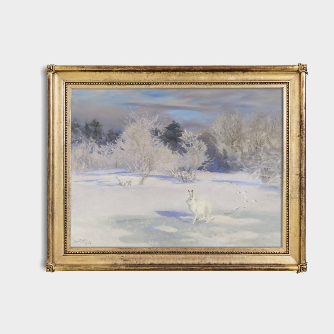 White Hare Standing in a Snowy Landscape With Frosted Bushes Poster - Image 4