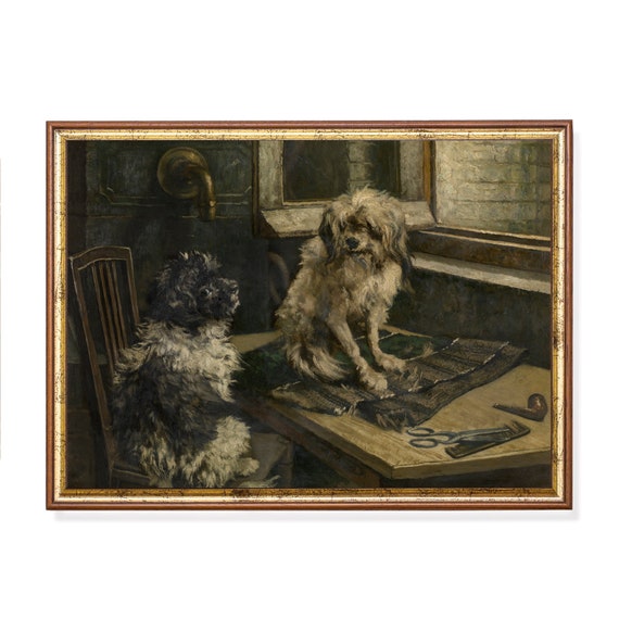 Vintage Dogs Painting Antique Animal Print Moody Rustic Artwork Wall Art Farmhouse Decor Fine Art
