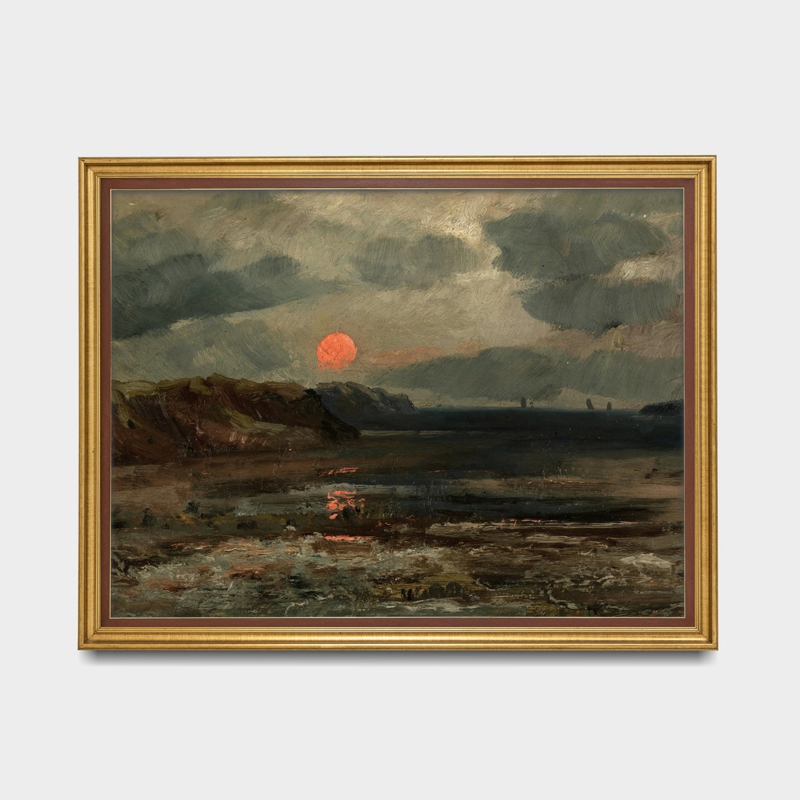 Red Sun Coastal Cliffs Dark Stormy Seascape Sunset Oil Painting Poster - Image 4