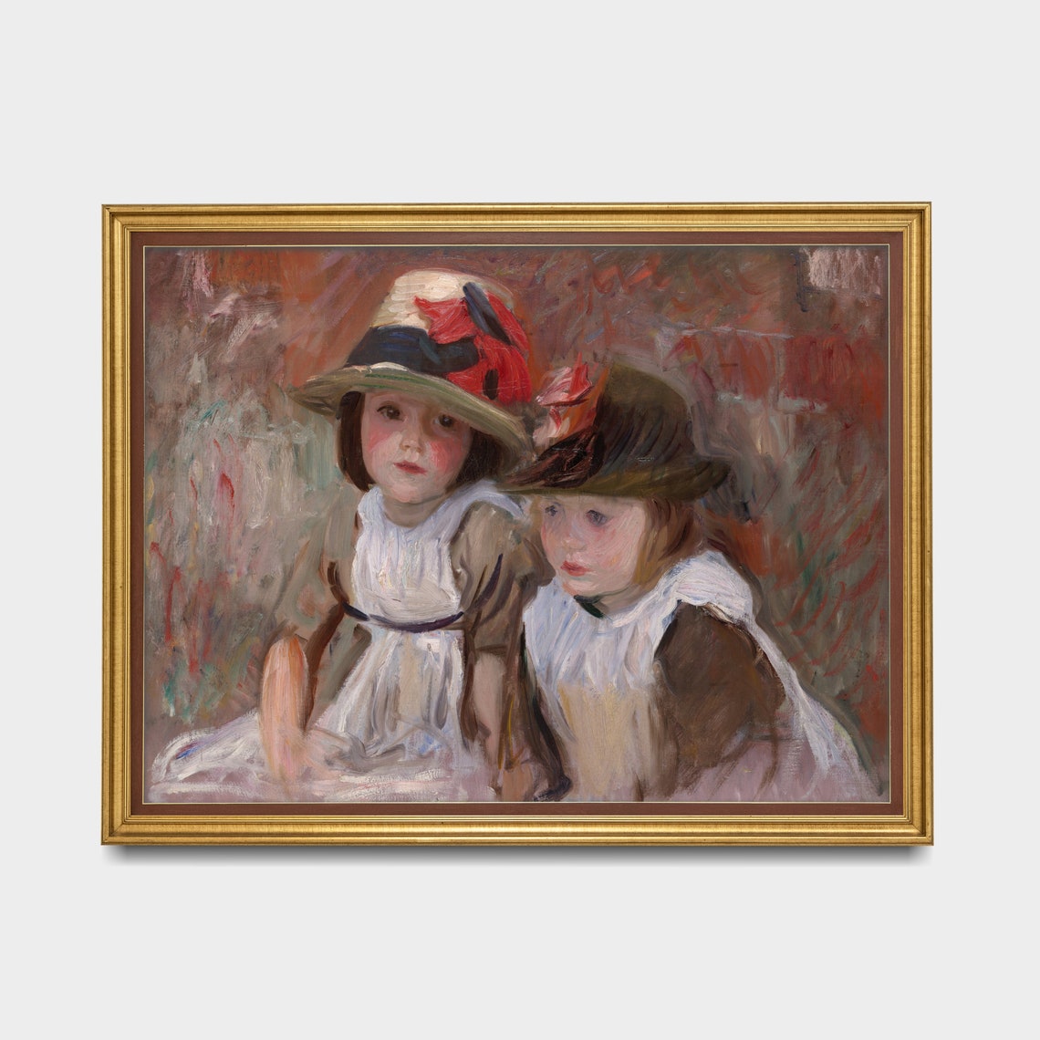 Two Young Girls in Feathered Hats Impressionist Portrait Poster - Image 3