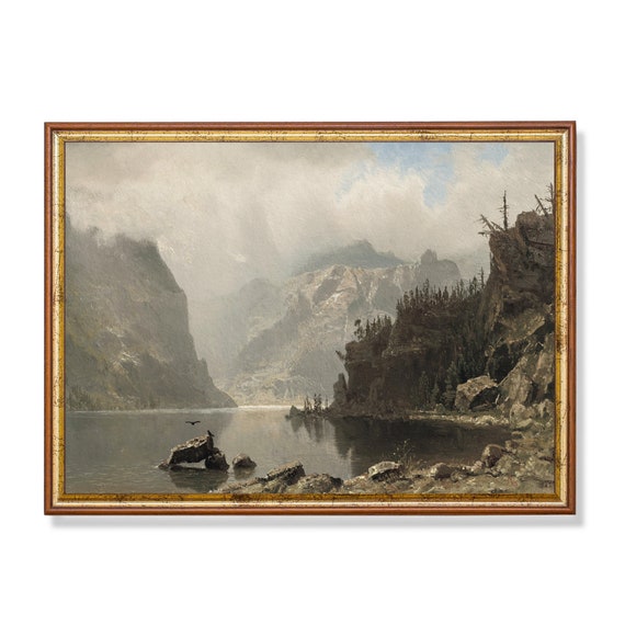 Vintage Mountain Painting Antique Lake Landscape Rustic Print Wall Art Farmhouse Decor Fine Art Print