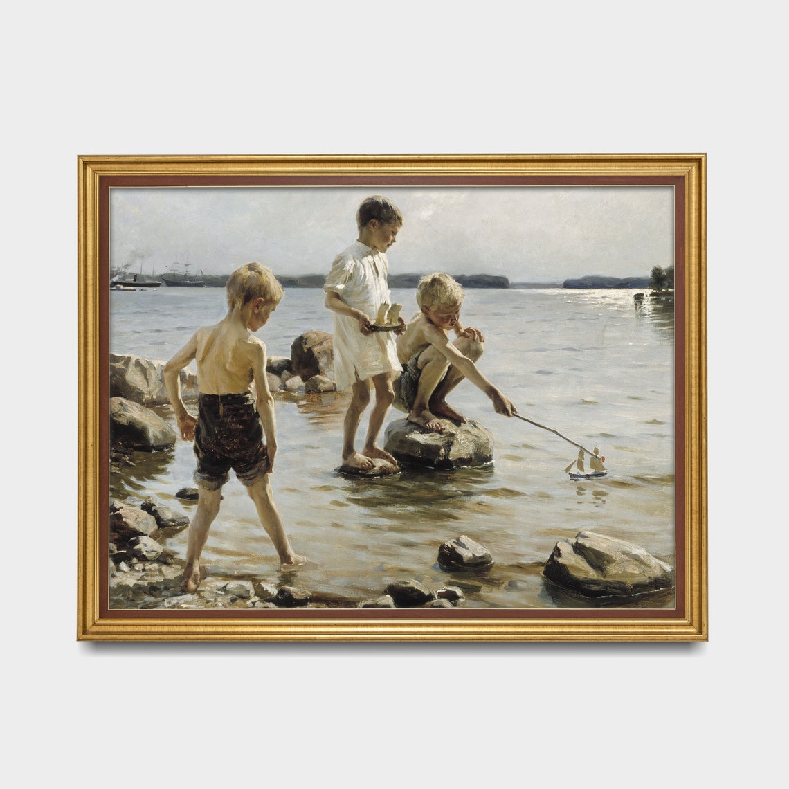 Three Boys Sailing a Little Toy Boat on a Rocky Shore Poster - Image 3