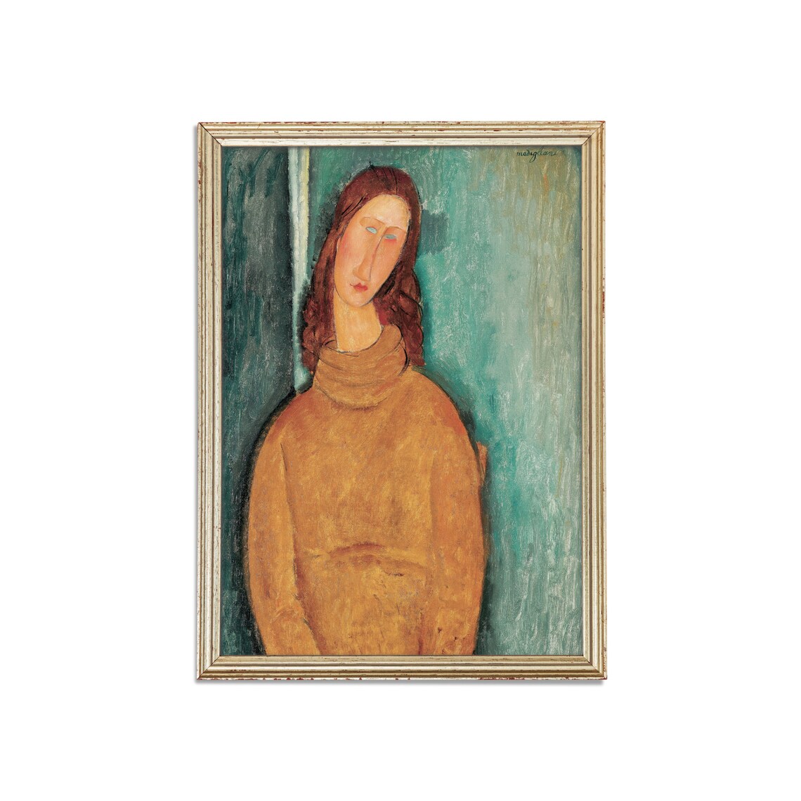 Woman in Ochre Turtleneck Against Teal Modigliani Style Portrait Poster - Image 3
