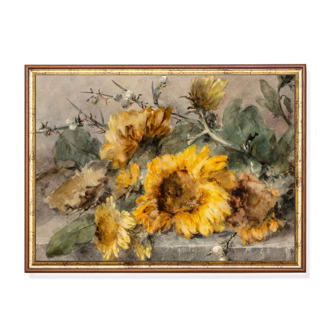 Yellow Sunflowers with White Berries Watercolor Floral Poster