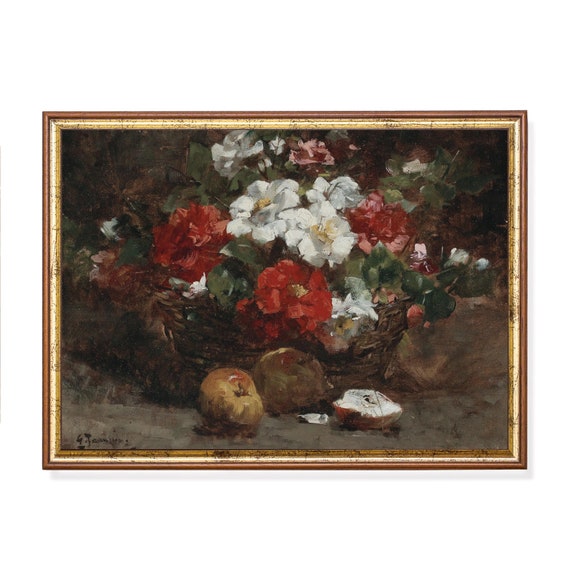Vintage Still Life Painting Antique Basket Of Flowers Moody Rustic Fine Print Wall Art Farmhouse Decor
