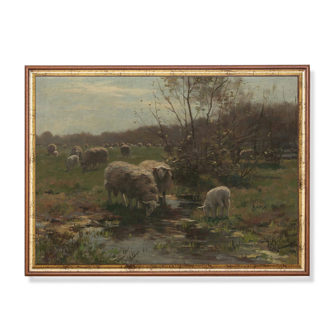 Sheep Grazing by a Stream in a Pastoral Meadow Painting Poster