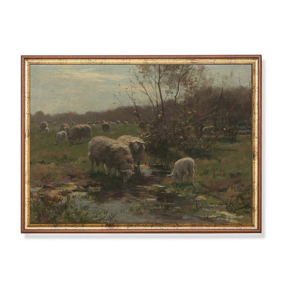 Printed And Shipped Landscape With Sheep Vintage Sheep Painting Antique Art Print Moody Rustic Artwork Farmhouse Decor