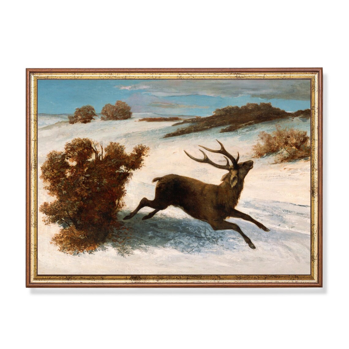 Stag Running Through the Snowy Moor at Dawn Vintage Wildlife Poster