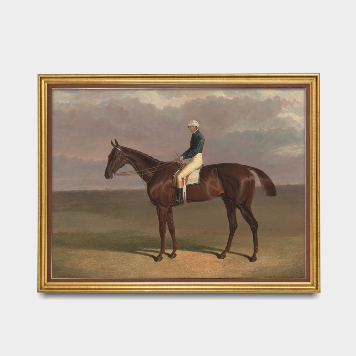 Jockey On Dark Bay Racehorse Antique Equestrian Oil Painting Poster - Image 2