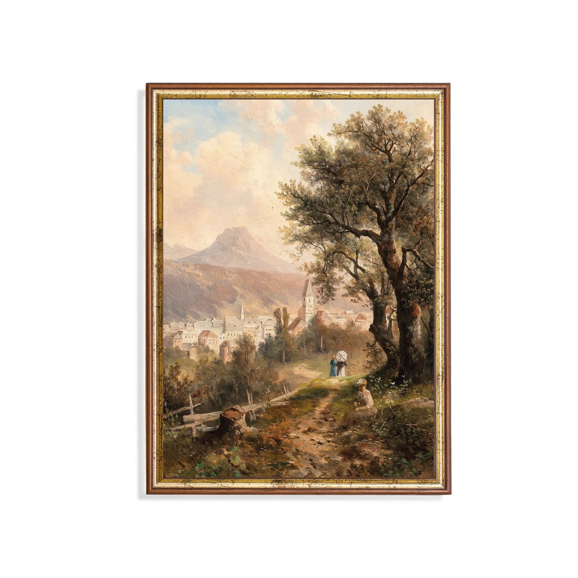 Alpine Village Valley Church Spires Vintage Landscape Poster