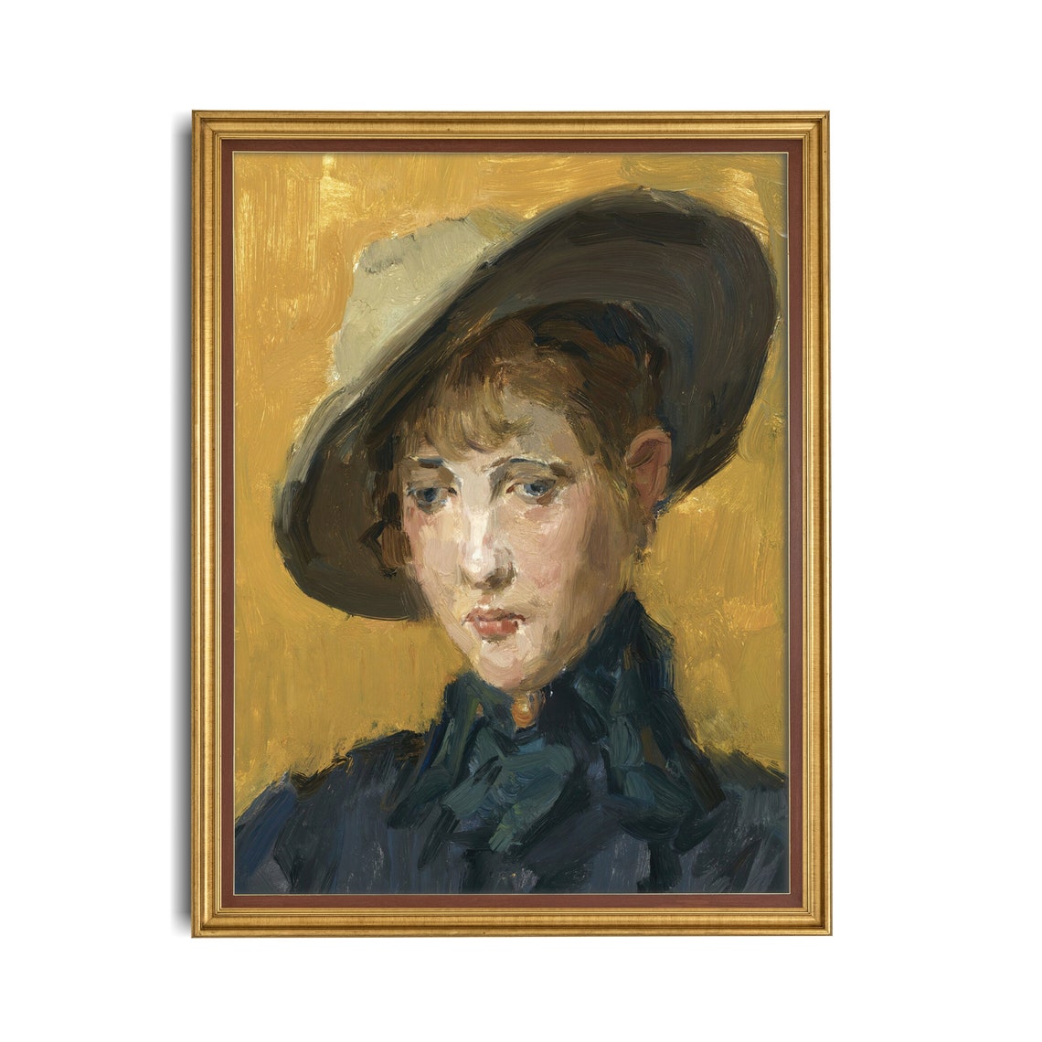 Impressionist Girl in a Wide Brimmed Hat on Gold Background Poster - Image 3
