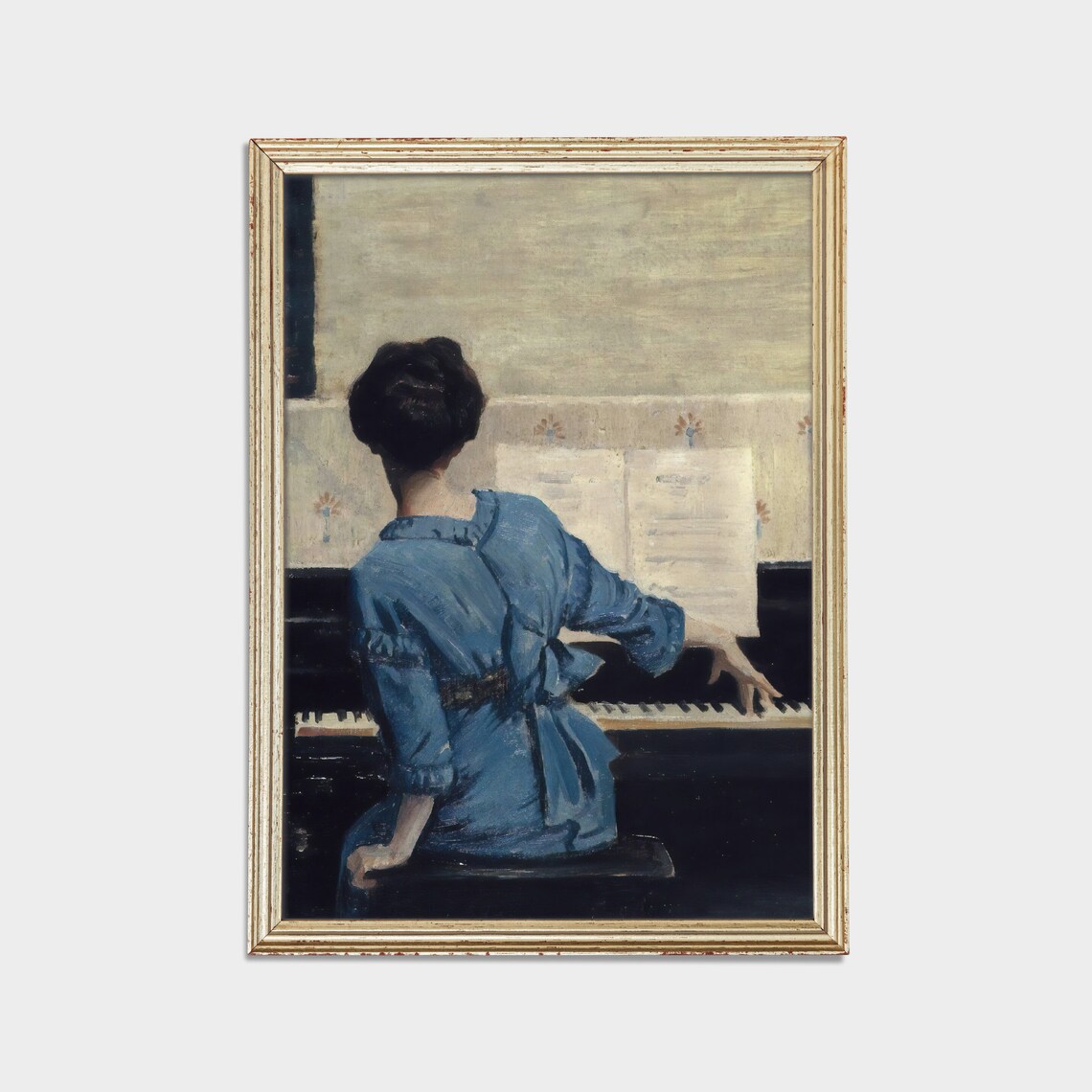 Vintage Woman in Blue Dress Playing Piano Seen From Behind Antique Poster - Image 2