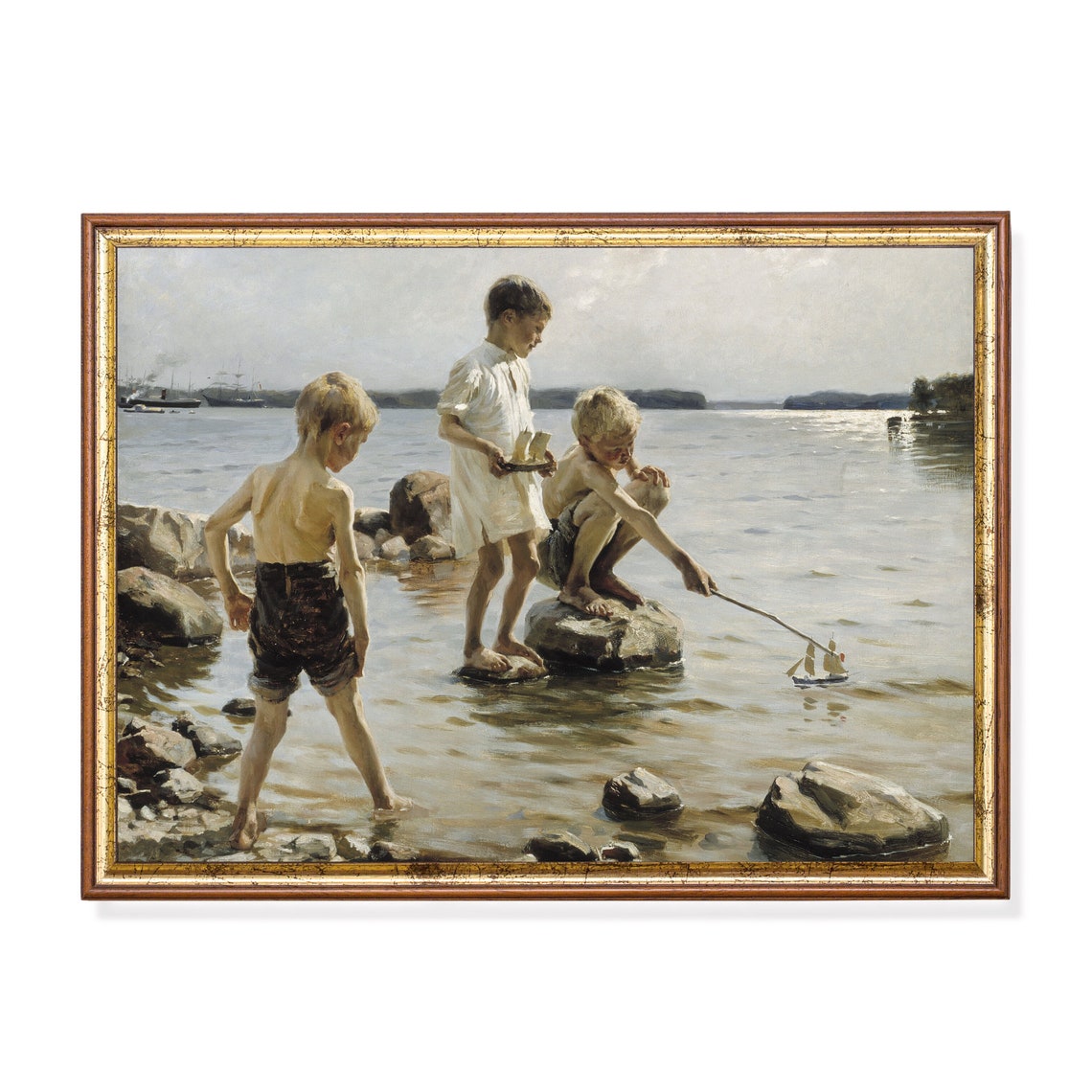 Three Boys Sailing a Little Toy Boat on a Rocky Shore Poster