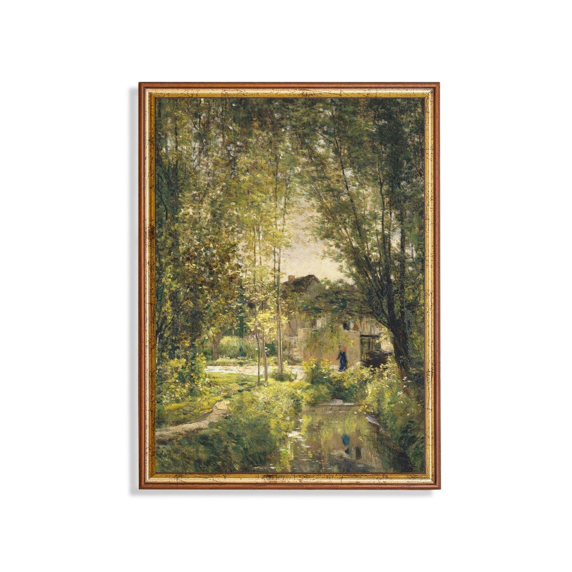 Vintage Country Landscape with Cottage and River Art Print