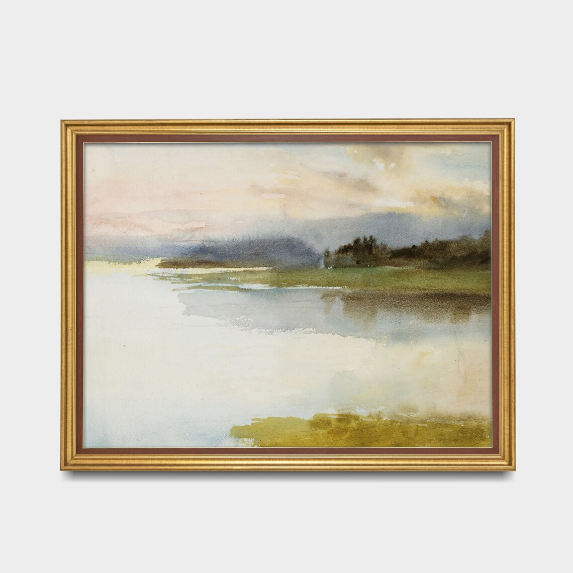 Misty Lakeshore Watercolor Landscape at Dusk Antique Art Poster - Image 2