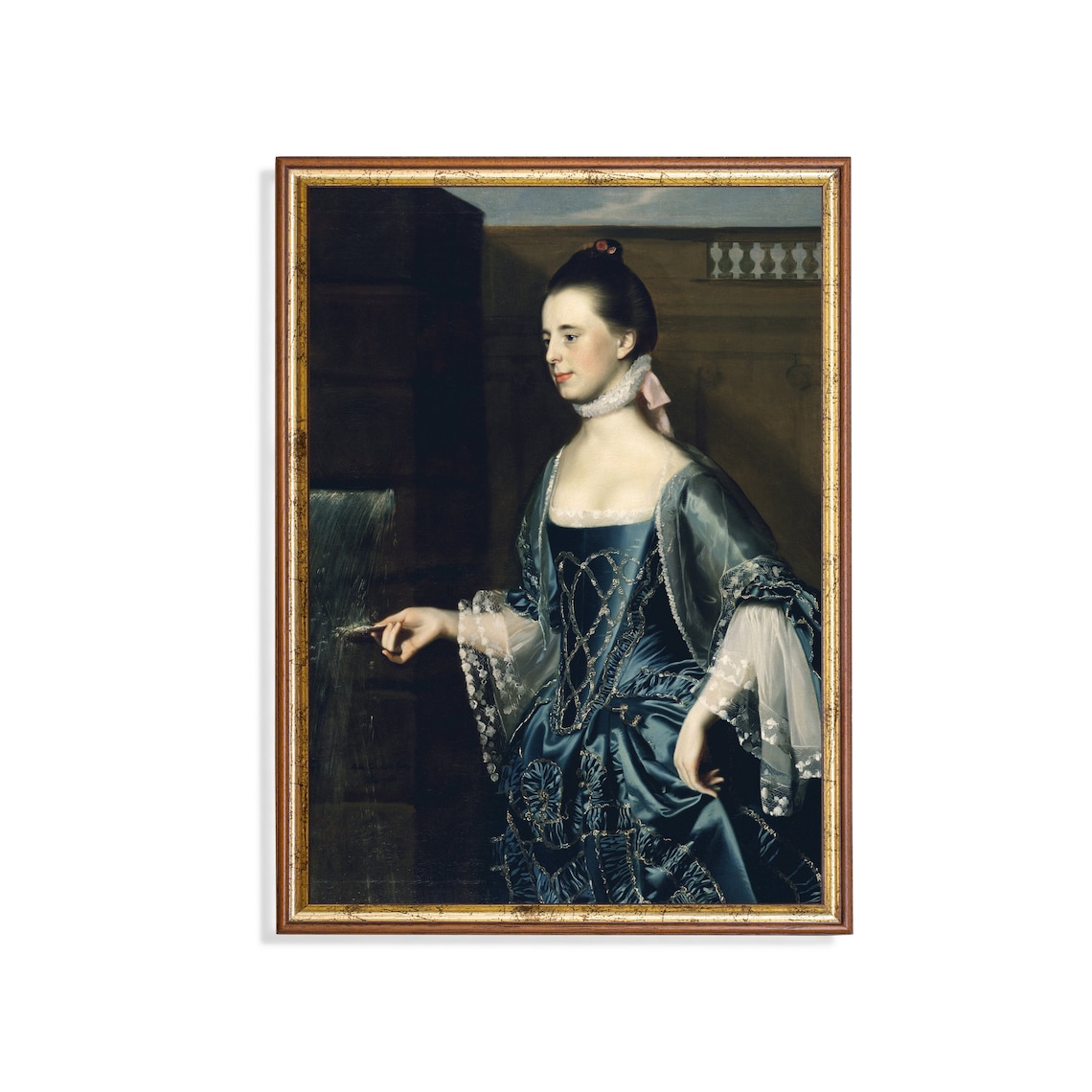 Lady in a Blue Silk Gown Beside a Stone Fountain Portrait Poster
