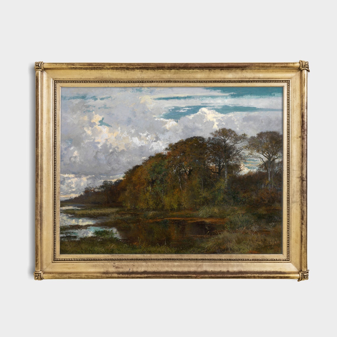 Marshy River Under Cloudy Sky Vintage Woodland Landscape Poster - Image 2