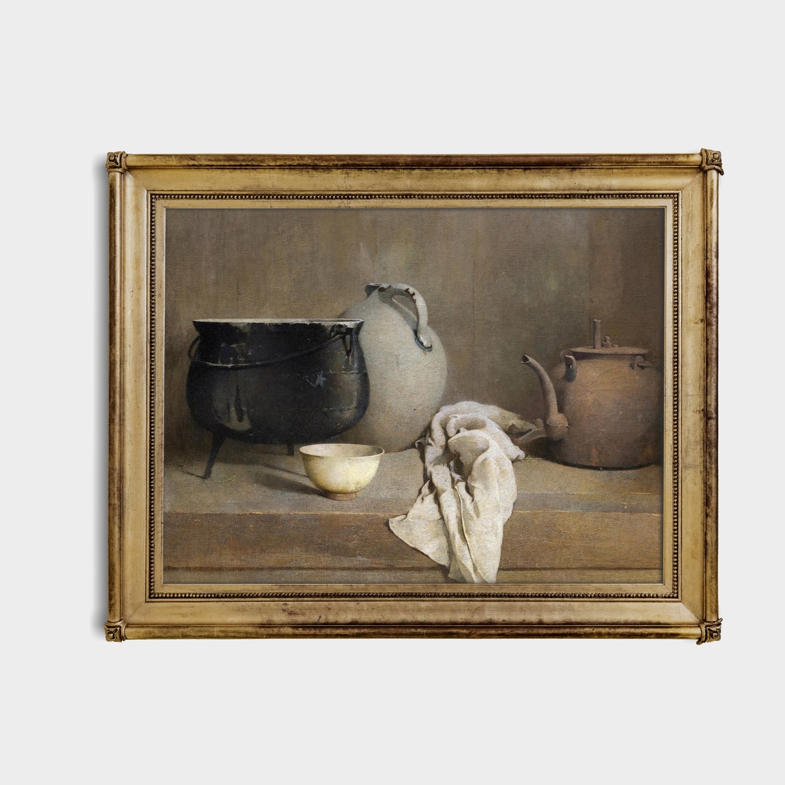 Rustic Kitchen Still Life with Black Iron Cauldron and Jug Poster - Image 2