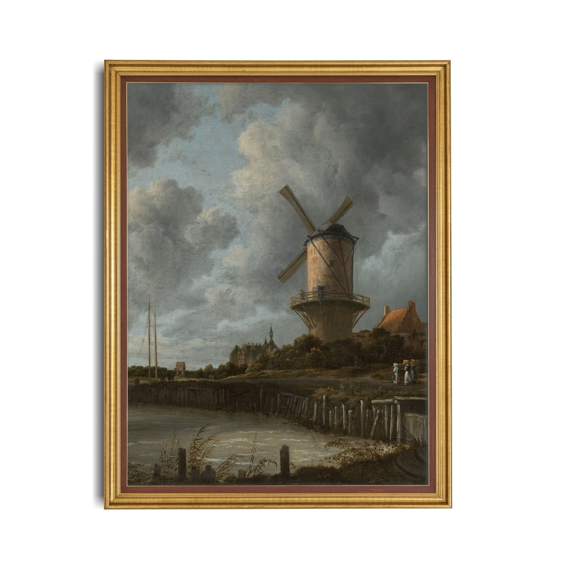 Dutch Windmill on a Riverbank Under Stormy Skies Painting Poster - Image 3