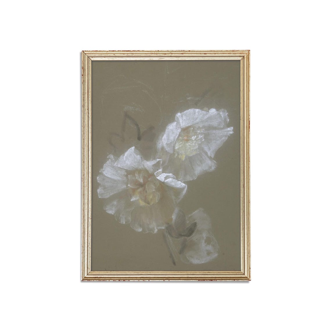 White Peony Blossoms Delicate Antique Botanical Study on Taupe Poster - Image 3