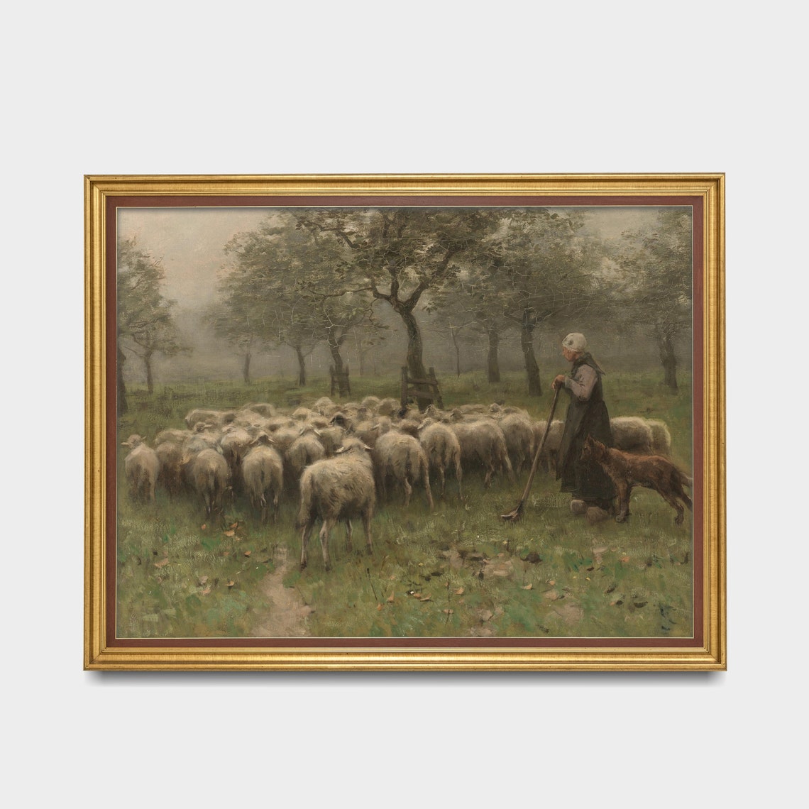 Shepherdess with Sheep Flock and Dog Misty Orchard Painting Poster - Image 2