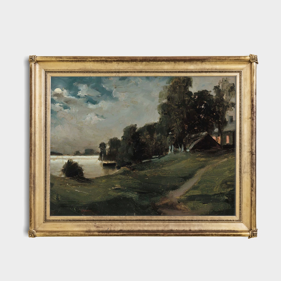 Moonlit Lakeside with Cottage and Boats Antique Landscape Poster - Image 2