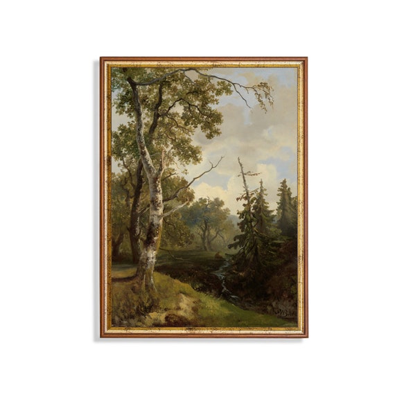 Vintage Landscape Painting Antique Forest Print Country Farmhouse Decor Wall Art Nature Fine Art Print