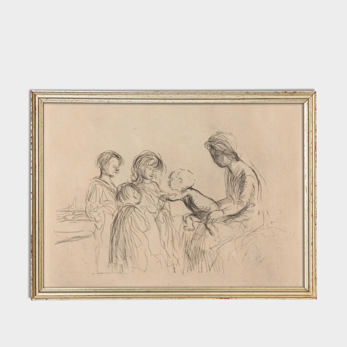 Vintage Mother and Children Pencil Sketch Warm Family Art Poster - Image 3