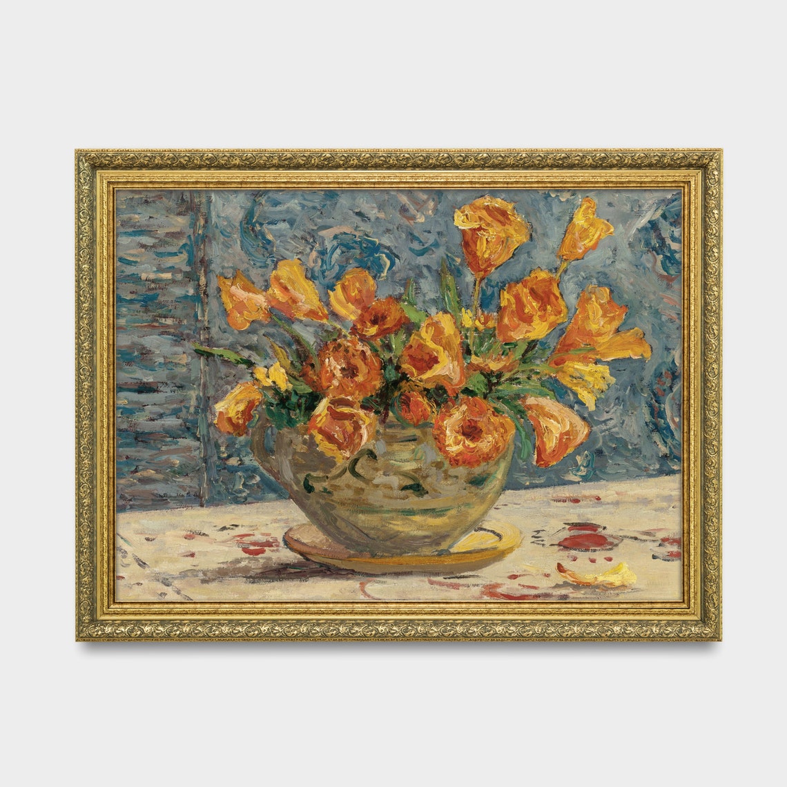 Golden Tulips Bowl Impressionist Blue Background Vintage Floral Poster - Image 2