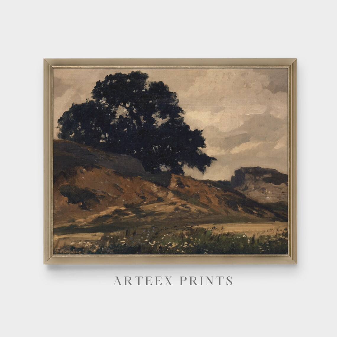 Dark Tree Silhouette on Rocky Hill Moody Vintage Landscape Poster - Image 5